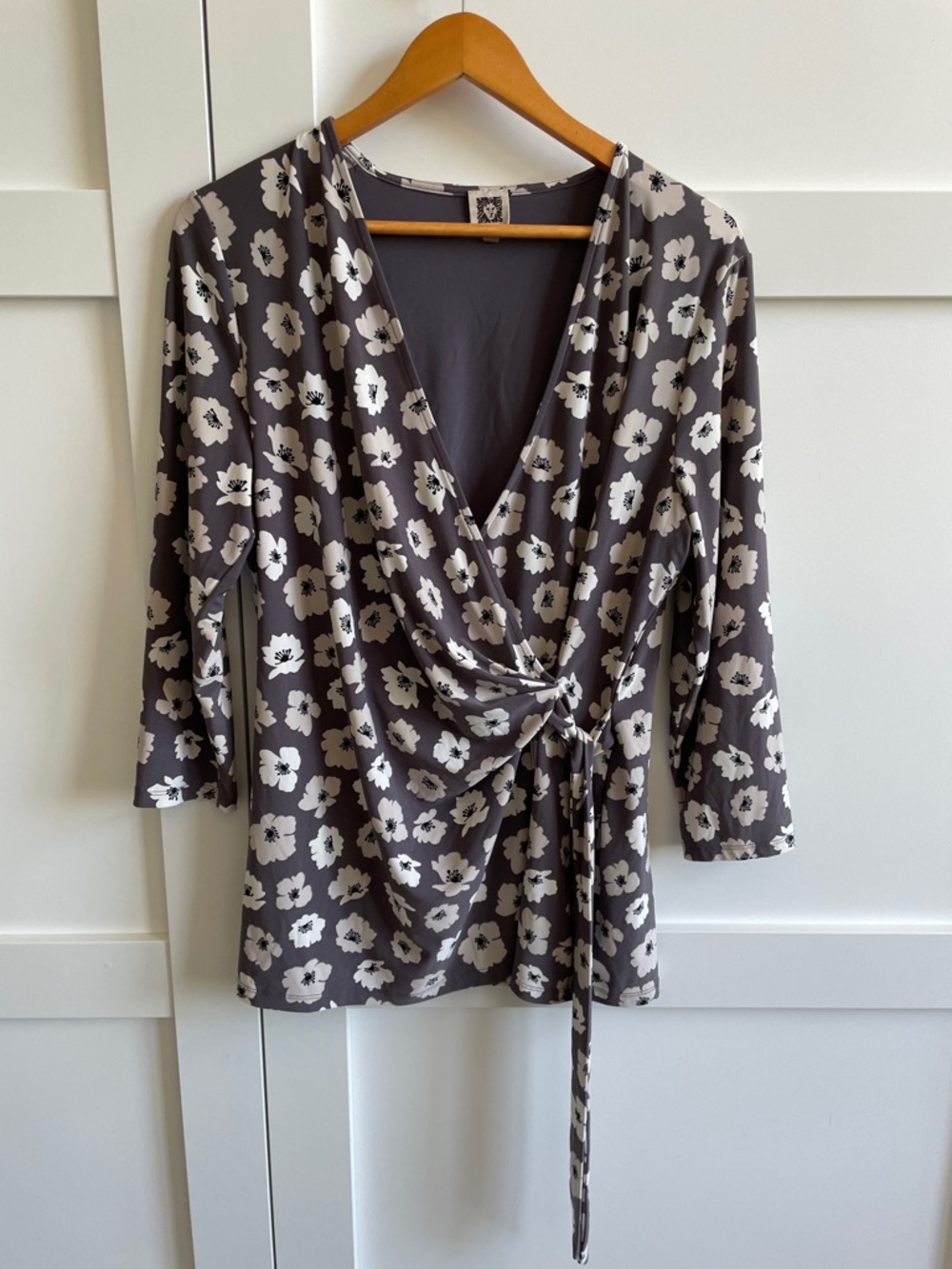 Anne Klein Taupe Floral Wrap Top with White Blossoms